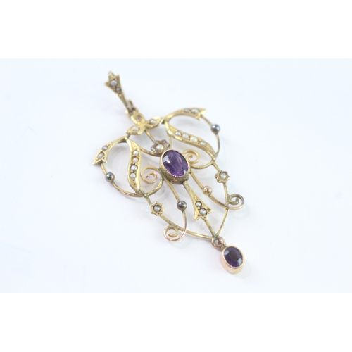 43 - 9ct gold amethyst and split pearl brooch/pendant (3.7g)
