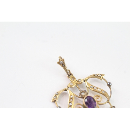 43 - 9ct gold amethyst and split pearl brooch/pendant (3.7g)