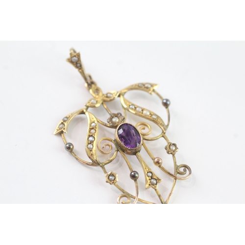 43 - 9ct gold amethyst and split pearl brooch/pendant (3.7g)