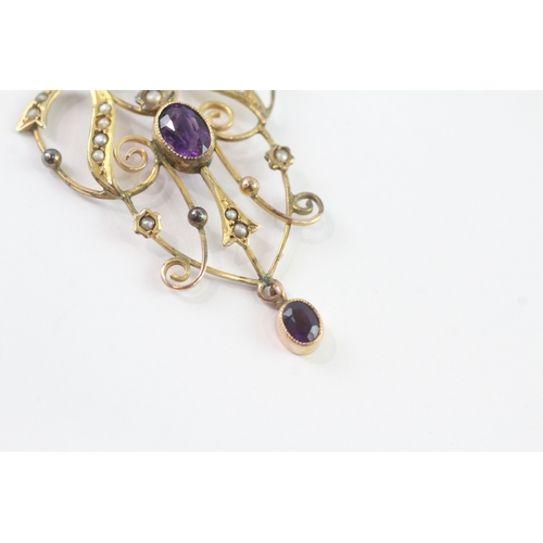 43 - 9ct gold amethyst and split pearl brooch/pendant (3.7g)