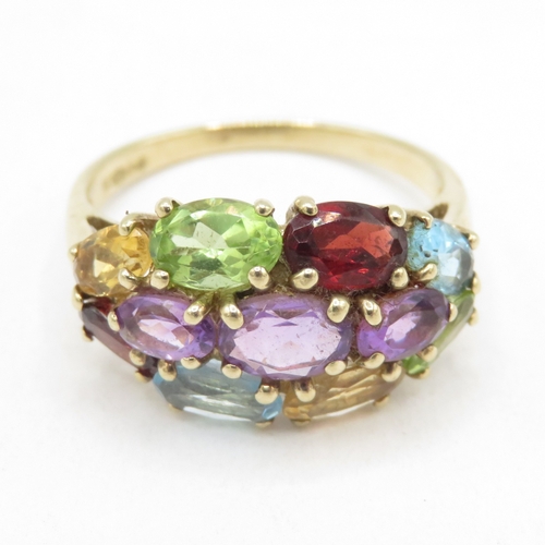 142 - 9ct gold multi gemstone cluster ring (3.2g) size P 1/2