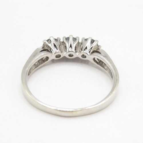 174 - 9ct white gold topaz three stone ring with diamond shoulders (2.8g) size O 1/2