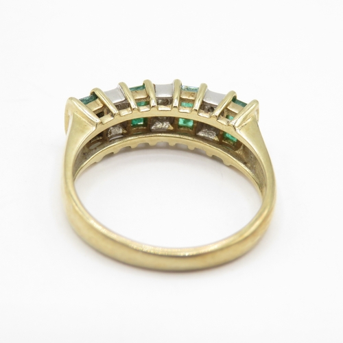 253 - 9ct gold princess cut diamond and emerald channel set ring (3g) size J 1/2