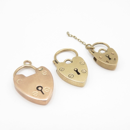 255 - 3x vintage 9ct gold heart padlock clasps (7.8g)