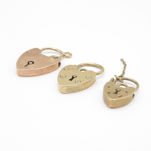255 - 3x vintage 9ct gold heart padlock clasps (7.8g)