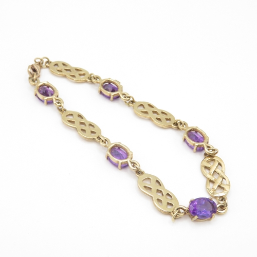 258 - 9ct gold amethyst Celtic style bracelet (8g)