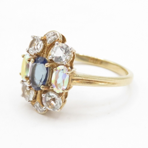 42 - 9ct gold sapphire, mystic topaz and diamond ring (2.9g) size O