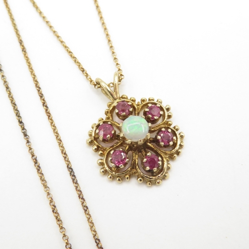 9ct gold opal ruby cluster pendant necklace (2.7g)