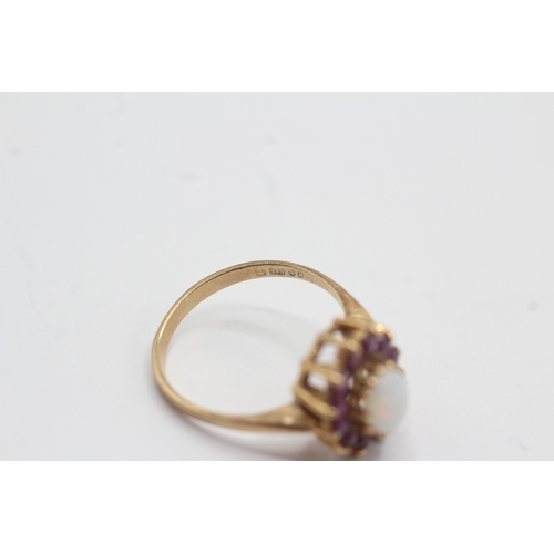 13 - 9ct gold ruby and opal halo ring (2.2g) Size M