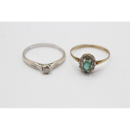 46 - 2x 9ct gold emerald & diamond rings (2.9g) Size P + P 1/2