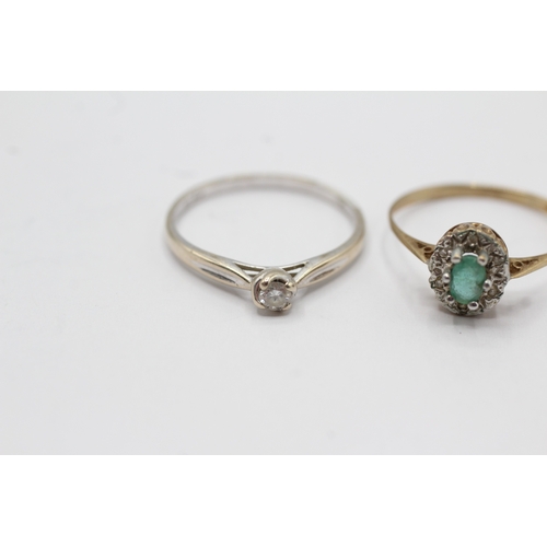 46 - 2x 9ct gold emerald & diamond rings (2.9g) Size P + P 1/2