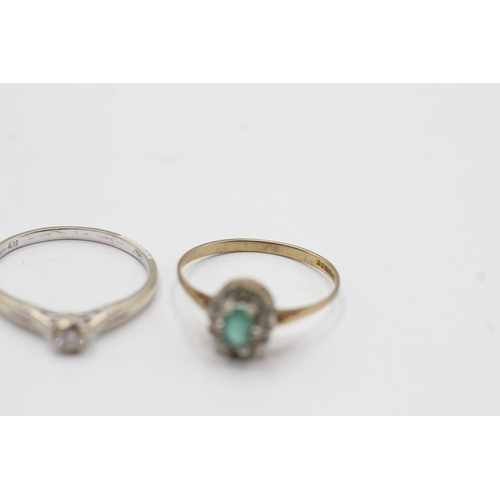 46 - 2x 9ct gold emerald & diamond rings (2.9g) Size P + P 1/2