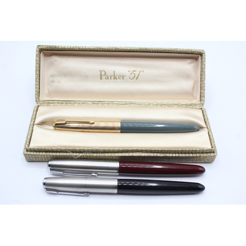 491 - 3 x Vintage Parker 51 Fountain Pens 14ct Gold Nibs WRITING Inc Gold Plate Caps