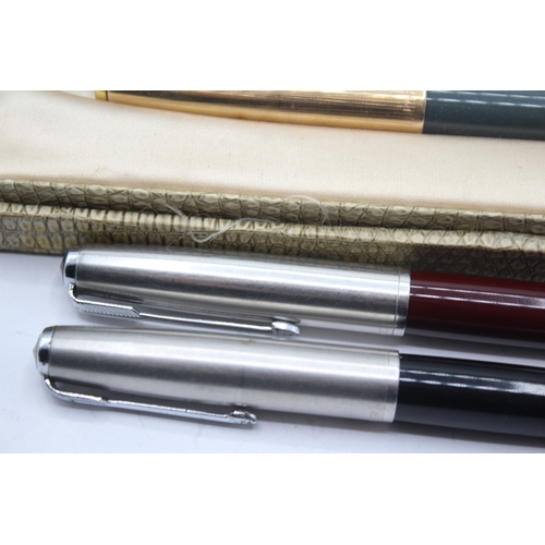 491 - 3 x Vintage Parker 51 Fountain Pens 14ct Gold Nibs WRITING Inc Gold Plate Caps