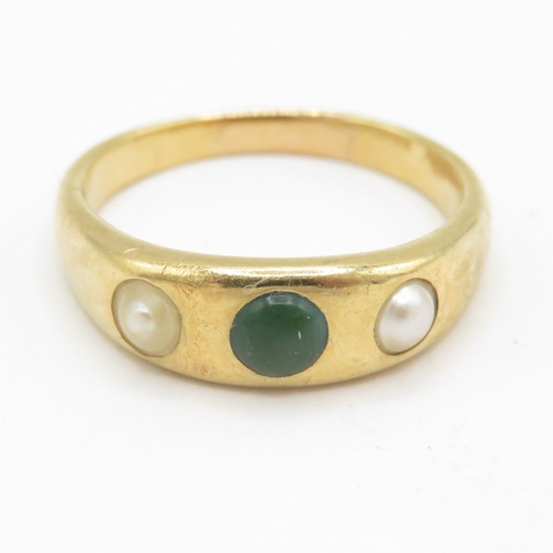 203 - 18ct gold turquoise and cultured pearl ring (5g) Size O 1/2