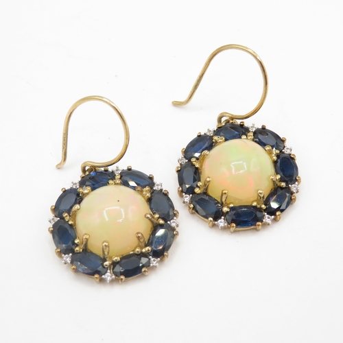 217 - 9ct gold opal white gemstone sapphire drop earrings as found (3.9g)