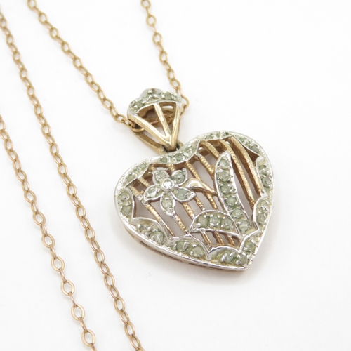 224 - 9ct gold diamond set floral heart pendant necklace (4.4g)