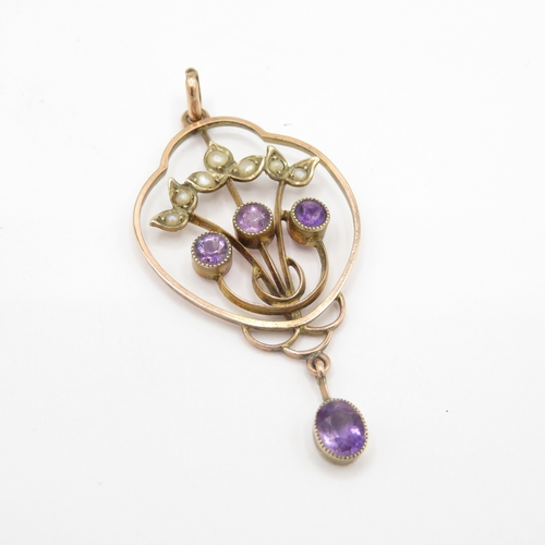 229 - 9ct rose gold antique split pearl and amethyst lavaliere pendant (2g)