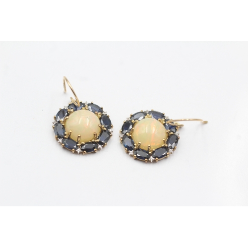 217 - 9ct gold opal white gemstone sapphire drop earrings as found (3.9g)