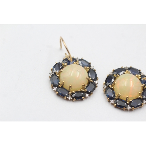 217 - 9ct gold opal white gemstone sapphire drop earrings as found (3.9g)