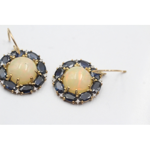 217 - 9ct gold opal white gemstone sapphire drop earrings as found (3.9g)