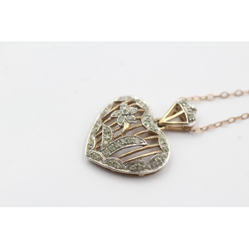 224 - 9ct gold diamond set floral heart pendant necklace (4.4g)