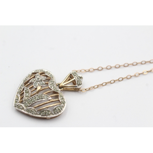 224 - 9ct gold diamond set floral heart pendant necklace (4.4g)
