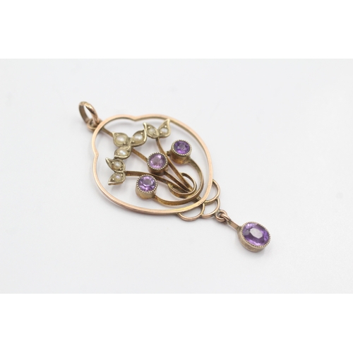 229 - 9ct rose gold antique split pearl and amethyst lavaliere pendant (2g)
