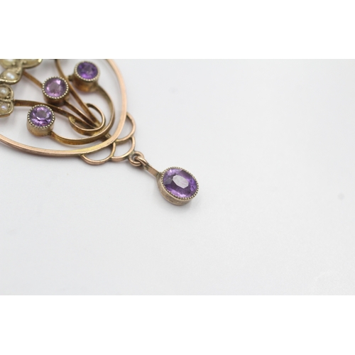 229 - 9ct rose gold antique split pearl and amethyst lavaliere pendant (2g)