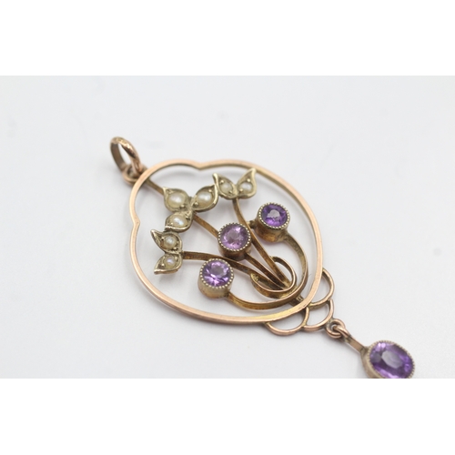 229 - 9ct rose gold antique split pearl and amethyst lavaliere pendant (2g)