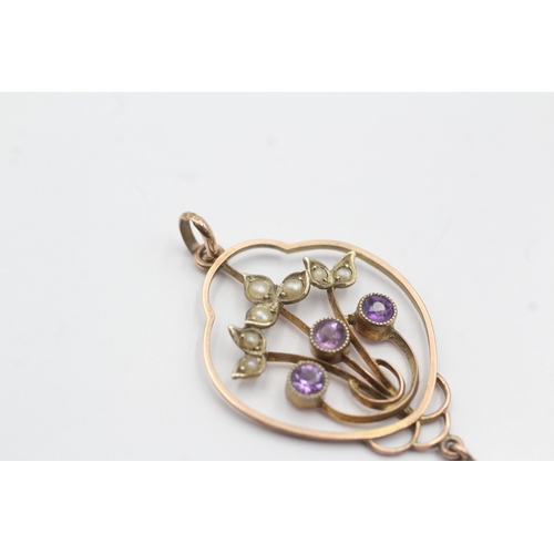 229 - 9ct rose gold antique split pearl and amethyst lavaliere pendant (2g)