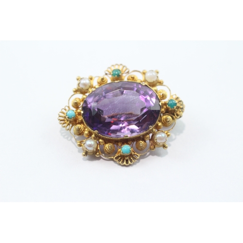 3 - Antique 9ct gold amethyst, pearl and turquoise brooch conversion (4.8g)