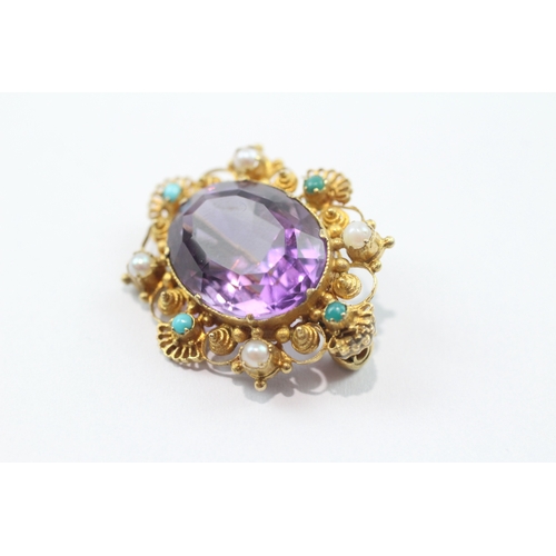 3 - Antique 9ct gold amethyst, pearl and turquoise brooch conversion (4.8g)