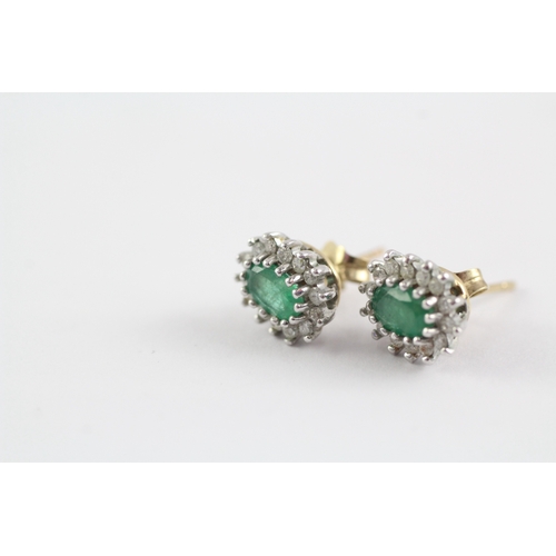 7 - 9ct gold emerald & diamond cluster stud earring (2.1g)