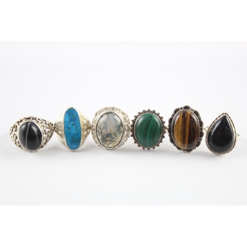 223 - Collection of Sterling Silver Gemstone Rings inc. Tigers Eye, Malachite, Moss Agate x 6 (45g)