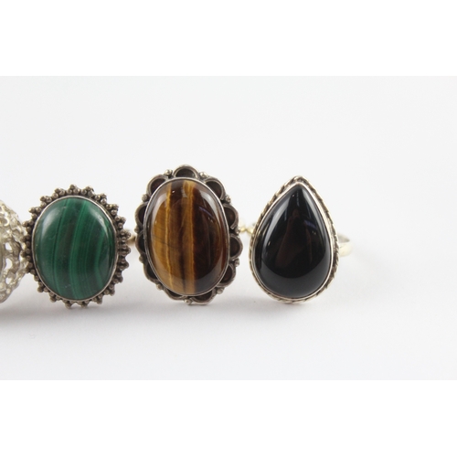223 - Collection of Sterling Silver Gemstone Rings inc. Tigers Eye, Malachite, Moss Agate x 6 (45g)