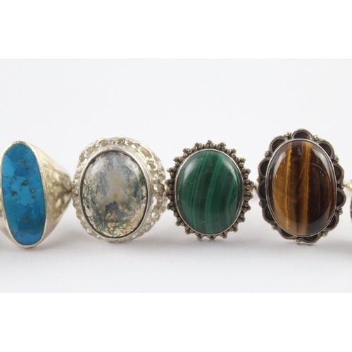 223 - Collection of Sterling Silver Gemstone Rings inc. Tigers Eye, Malachite, Moss Agate x 6 (45g)