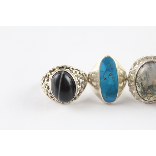 223 - Collection of Sterling Silver Gemstone Rings inc. Tigers Eye, Malachite, Moss Agate x 6 (45g)