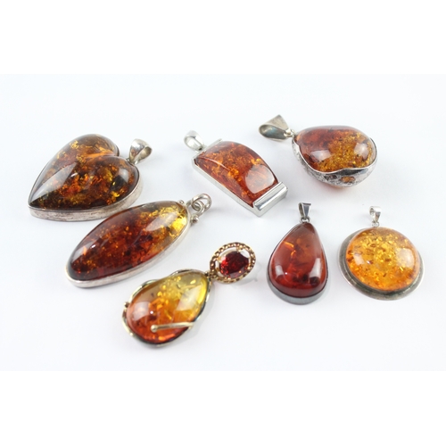 224 - Collection of Sterling Silver Amber Pendants inc. Baltic, Heart, Statement x 7 (130g)