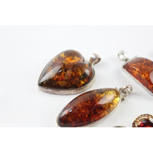 224 - Collection of Sterling Silver Amber Pendants inc. Baltic, Heart, Statement x 7 (130g)