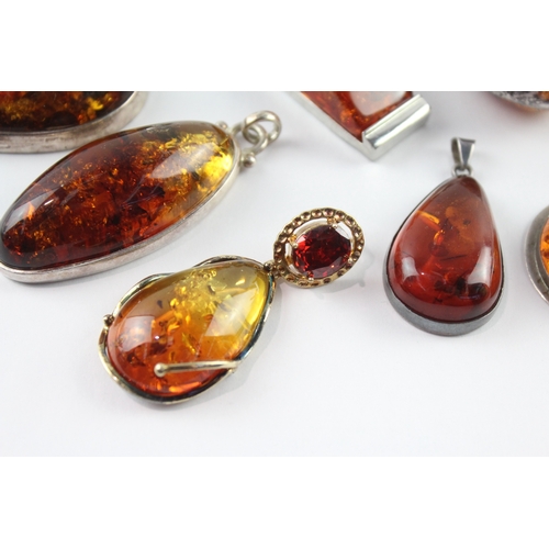 224 - Collection of Sterling Silver Amber Pendants inc. Baltic, Heart, Statement x 7 (130g)