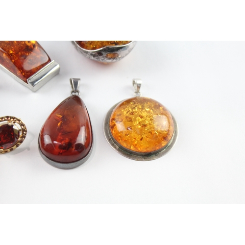 224 - Collection of Sterling Silver Amber Pendants inc. Baltic, Heart, Statement x 7 (130g)