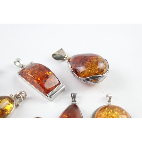 224 - Collection of Sterling Silver Amber Pendants inc. Baltic, Heart, Statement x 7 (130g)