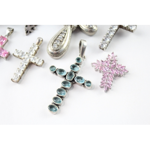 240 - Collection of Sterling Silver Cross Pendants inc. Gemstone, Paste x 8 (78g)