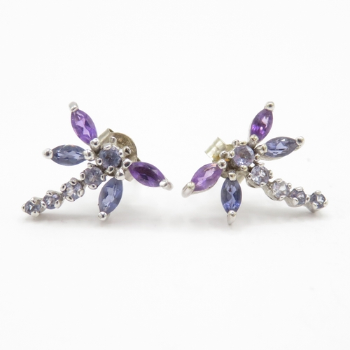 104 - 9ct white gold amethyst tanzanite dragonfly stud earrings (1.6g)
