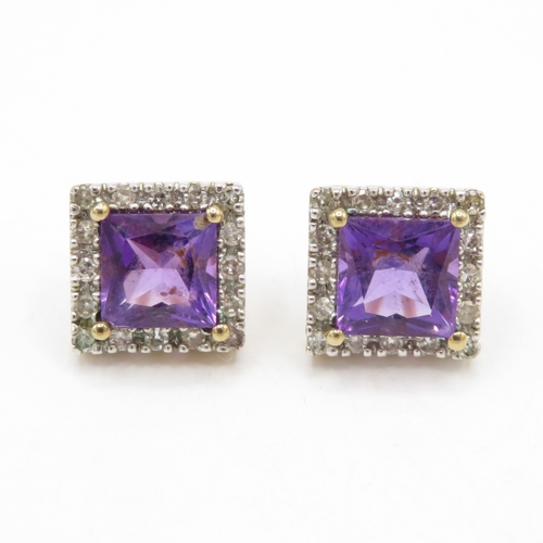 214 - 9ct gold amethyst and diamond stud earrings (2.2g)