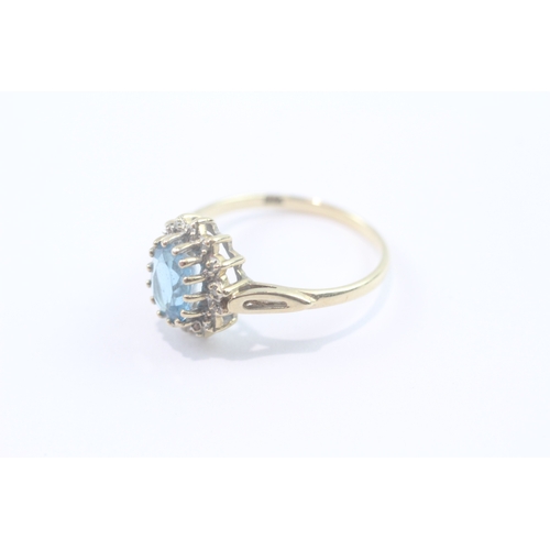 185 - 9ct gold blue topaz diamond halo cluster ring (2.2g) Size P