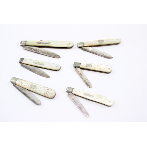277 - 6 x Antique .925 Sterling Silver MOP Fruit Knives 107g
