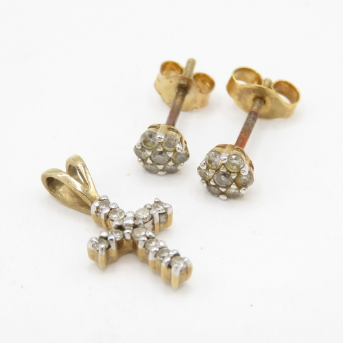 165 - 2x 9ct gold diamond cross pendant stud earrings with later added backs (1.3g)