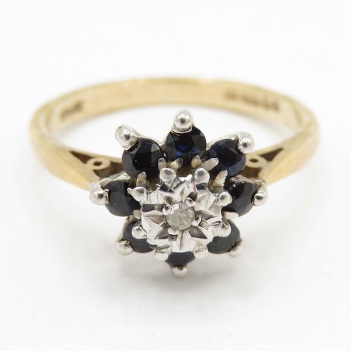 175 - 9ct gold sapphire diamond cluster ring (2.6g) Size N